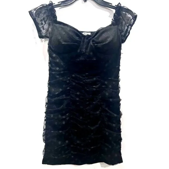 Xtraordinary Dresses Black Polka Dot Mesh Ruched Bodycon Dress